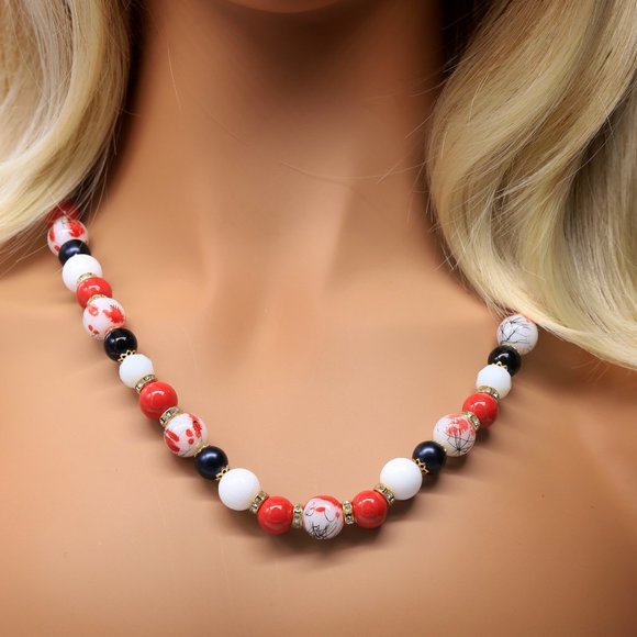 My Bead Emporium Jewelry - Necklace Printed Glass Beads Rhinestones Red Black White Beads